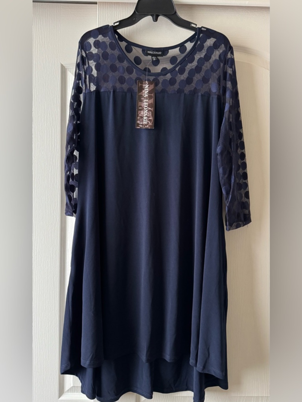Nina Leonard Navy Polka Dot Mesh Yoke Dress